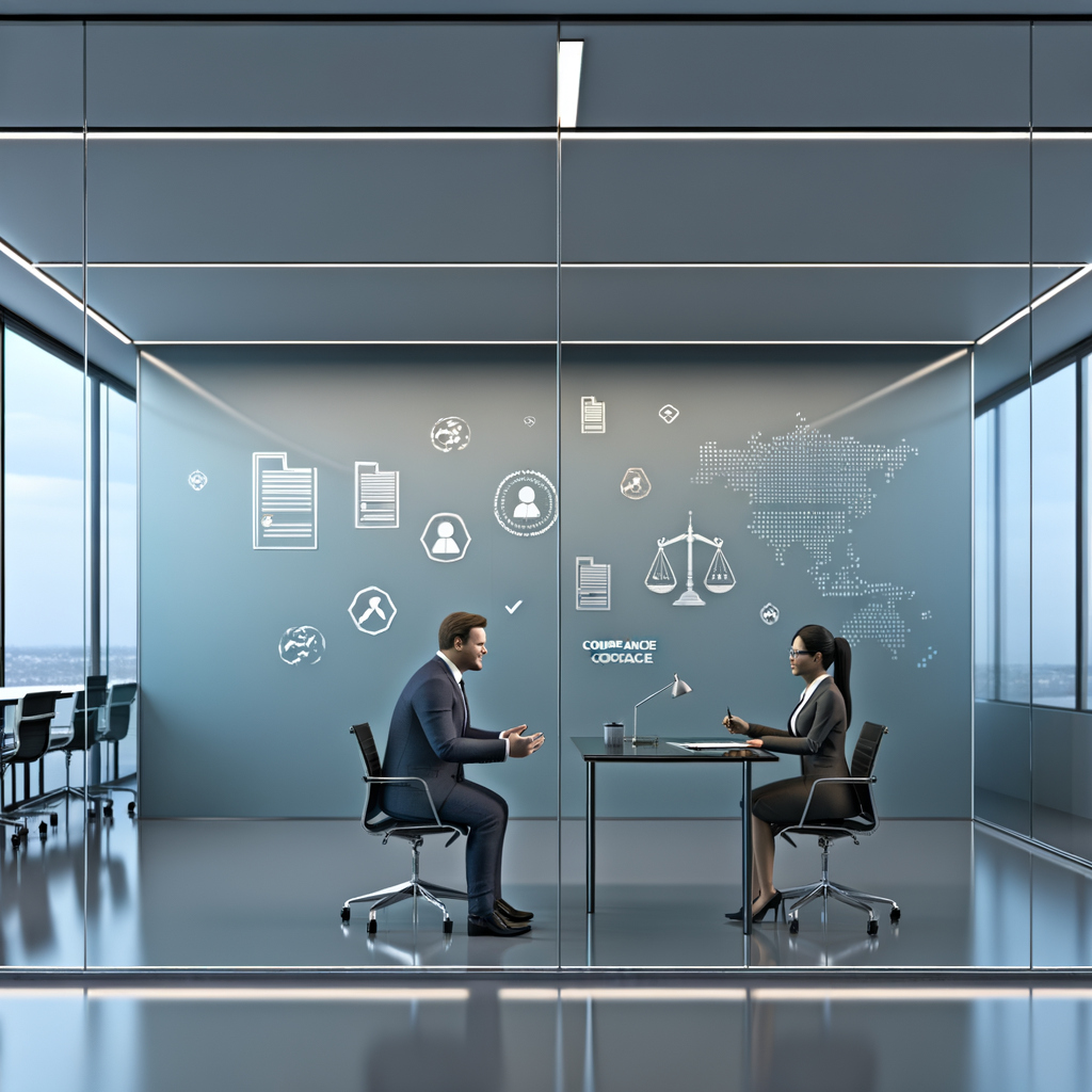 Australian business professionals separated by a glass wall and legal documents, symbolizing the compliance challenges of hiring overseas freelancers under new Fair Work Australia rulings and their effect on outsourcing strategy.