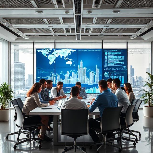 Board Strategy Meeting An office boardroom filled with people having a meeting about outsourcing strategies